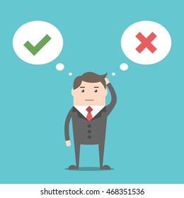 Thinking businessman with speech bubbles choosing option between yes and no. Choice, problem and decision concept. Flat style. EPS 8 vector illustration, no transparency