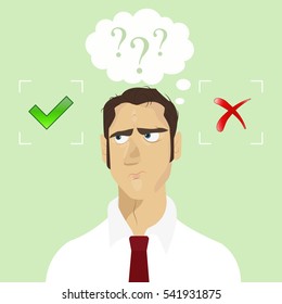 Thinking businessman with speech bubbles choosing option between yes and no. Choice, problem and decision concept.