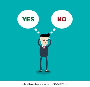 Thinking businessman with speech bubbles choosing option between yes or no, Business concept.