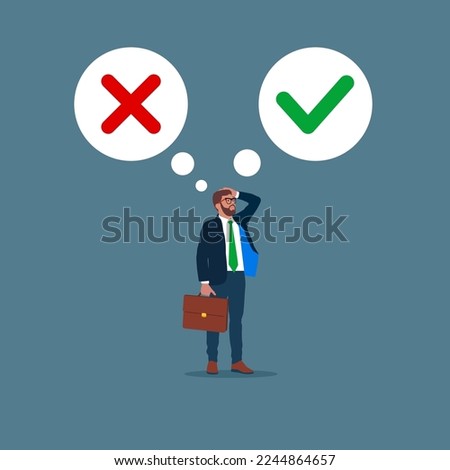 Thinking businessman with speech bubbles choosing option between yes and no. Choice, problem and decision concept. Flat vector illustration.