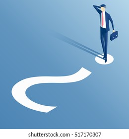 thinking businessman standing on white question mark, confused  the employee is on the question mark, business concept problem and question