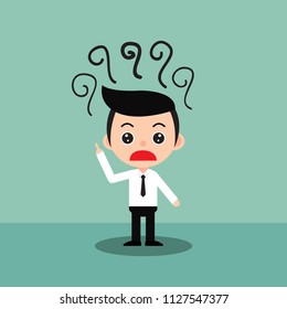 Thinking businessman standing under question marks.