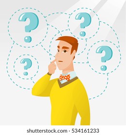 Thinking businessman standing under question marks. Young caucasian businessman thinking. Thinking man surrounded by question marks. Vector flat design illustration isolated on white background.