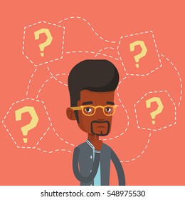 Thinking businessman standing under question marks. Young african-american businessman thinking. Thinking man surrounded by question marks. Vector flat design illustration. Square layout.