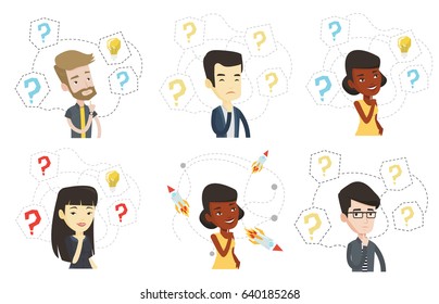 Thinking businessman standing under question marks. Young asian businessman thinking. Thinking man surrounded by question marks. Set of vector flat design illustrations isolated on white background.