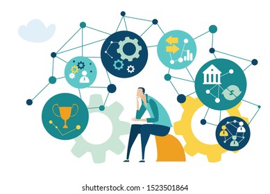 Thinking Businessman surrounded by communication icons. Business developing and support,  brainstorming, Global business, logistics, concept illustration