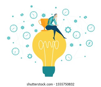 Thinking businessman with trophy sits on the light bulb and generating ideas. Concept illustration  