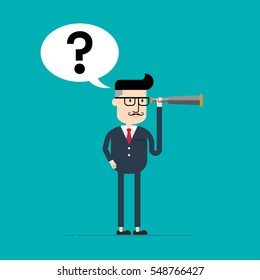 Thinking businessman using his telescope looking for something, Flat style vector illustration EPS 10.