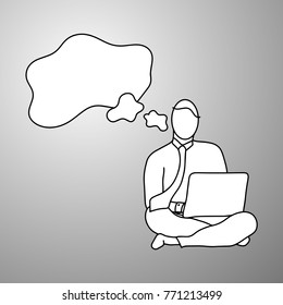 thinking businessman using notebook laptop computer on the floor vector illustration doodle sketch hand drawn with black lines isolated on gray background. Business concept. 