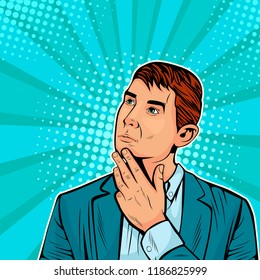 Thinking businessman. Vector illustration in pop art retro comic style