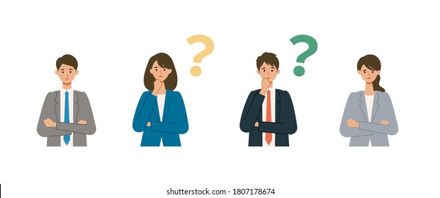 Thinking businessman and woman in suits. Different people poses set. Isolated vector illustration icons set in flat style. 