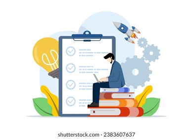 a thinking businessman writes a to-do list, thinking of new ways to solve a problem. create unique ideas. solve business problems. creativity to develop and discover new things. vector illustration.
