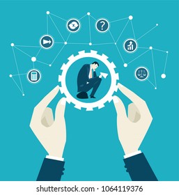 Thinking businessmen inside of the gear, holding by successful businessmen