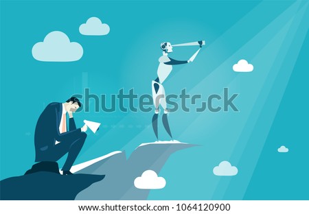 Thinking businessmen. Robot trying to identify and sort out the problem. Artificial intellect, robots taking over. 