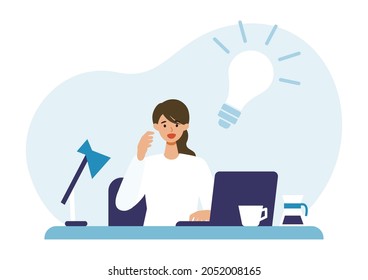 Thinking businesswoman and light bulb sign. Problem solving concepts. Vector illustration of solution.