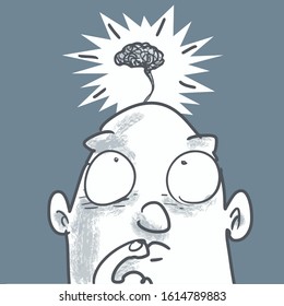 thinking cartoon man and his tiny brain. vector illustration. a cartoon representing by thinking, problem solving, management, small ideas, bad ideas, etc. 