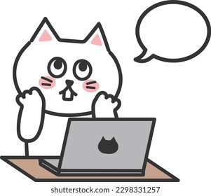 Thinking cartoon white cat watching a laptop computer, vector illustration