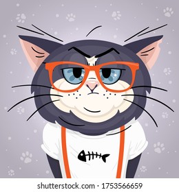 Thinking cat hipster dressed in a white T-shirt with a pattern of fish bones and bright orange glasses. Funny cartoon character in vector illustration.
Can be used as drawing for t-shirt or poster.