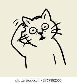 Thinking Cat Scratching Head Doodle Illustration Confused Kitty Expression Funny Pet Sketch Artwork