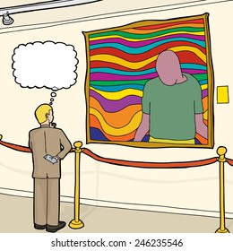 Thinking Caucasian businessman looking at artwork in museum