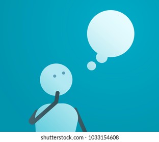 Thinking character looking at thought bubble. Vector illustration