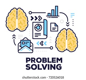 Thinking in circuits. Problem solving concept with text on white background. Vector illustration of two brains with scheme and icons. Thin line art design of brain for web, site, banner, presentation
