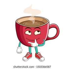 Thinking coffee cup cartoon character with funny smile face
