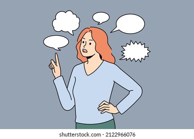 Thinking communication and chat concept. Young frustrated woman standing pointing at speech bubble above communicating thinking vector illustration 