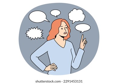 Thinking communication and chat concept. Young frustrated woman standing pointing at speech bubble above communicating thinking vector illustration