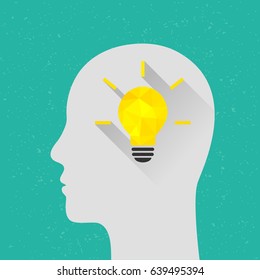 Thinking concept with bright light bulb and human head. Flat design with long shadow.