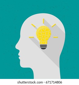 Thinking concept with bright light bulb made of puzzle and human head. Flat design with long shadow. 