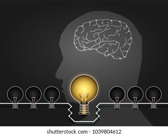 Thinking concept. head of man and brain on black background and light bulb yellow color vector illustrations.  idea creative inspiration brain thinking system process. 