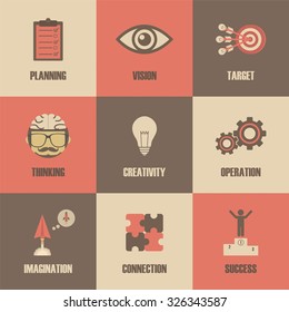 thinking concept icon, metaphor symbol, creativity concept, retro style