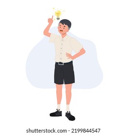 thinking concept, idea innovation, cute Thai student boy with lightblup. vector illustration
