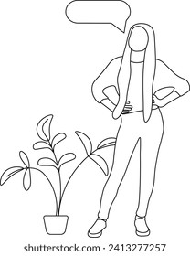 Thinking concept line art style. Young woman standing pointing at speech bubble above communicating thinking vector illustration