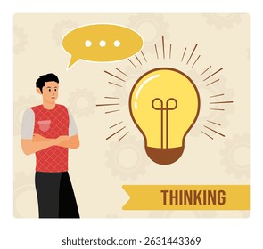 Thinking Concept. A man with arms crossed pondering ideas, symbolized by a glowing light bulb.
