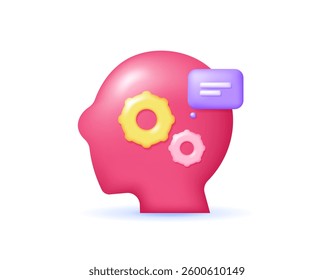 thinking concept. thinking process. creating ideas, solutions, thoughts. logic. illustration of a head symbol with gears and a message symbol. symbol or icon. minimalist 3d style design. element