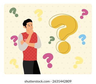 Thinking Concept. A thoughtful man amidst colorful question marks, representing curiosity, decision-making, and the quest for knowledge.
