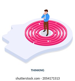 Thinking concept. A thoughtful man stands in labyrinth of mind. Abstract vector illustration in isometric style on white background.