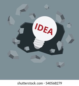 Thinking conceptual background. Light bulb breaking through the concrete wall background. Vector illustration.