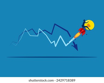 Thinking conquers problems. Smart businessman flying with light bulb breaks crisis graph 