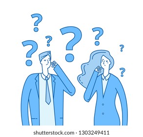 Thinking Couple. Confused Young Girl Man With Question Marks. Troubled People Think Vector Concept