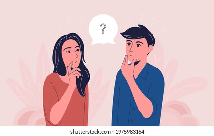 Thinking couple on question pink background. Cartoon flat vector illustration modern style 