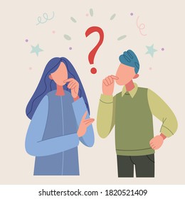  Thinking couple. Thoughtful man and woman, confused troubled people with questions and find answers. People with question marks thinking and touching chin while looking aside illustration.  