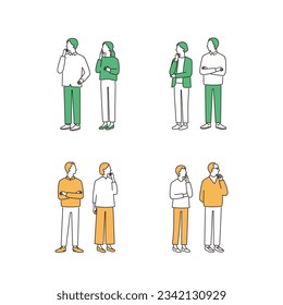 Thinking couple of various generations. Senior couples, middle-aged couples, young couples. simple full body illustration