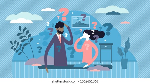 Thinking couple vector illustration. Life confusion in flat tiny persons concept style. Question marks around head as anxiety, brain fog, crisis, frustration and dilemma symbol. Relationship decision.