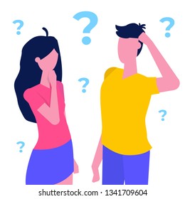 Thinking couple, woman and man  with question marks  thinking together.  Vector illustration 