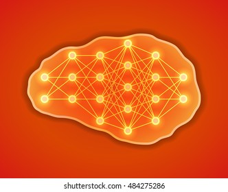 Thinking, creativity concept. Brains with neural net inside it. Neurons network. Vector illustration.