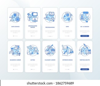 Thinking and creativity onboarding mobile app page screen with concepts set. Creative people skills variety walkthrough 10 steps graphic instructions. UI vector template with RGB color illustrations