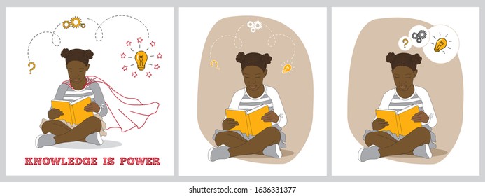 Thinking and creativity process concept vector illustration. African girl reading a book, looking for answers on her questions, thinking, solving problems, creating new ideas. Knowledge is power quote